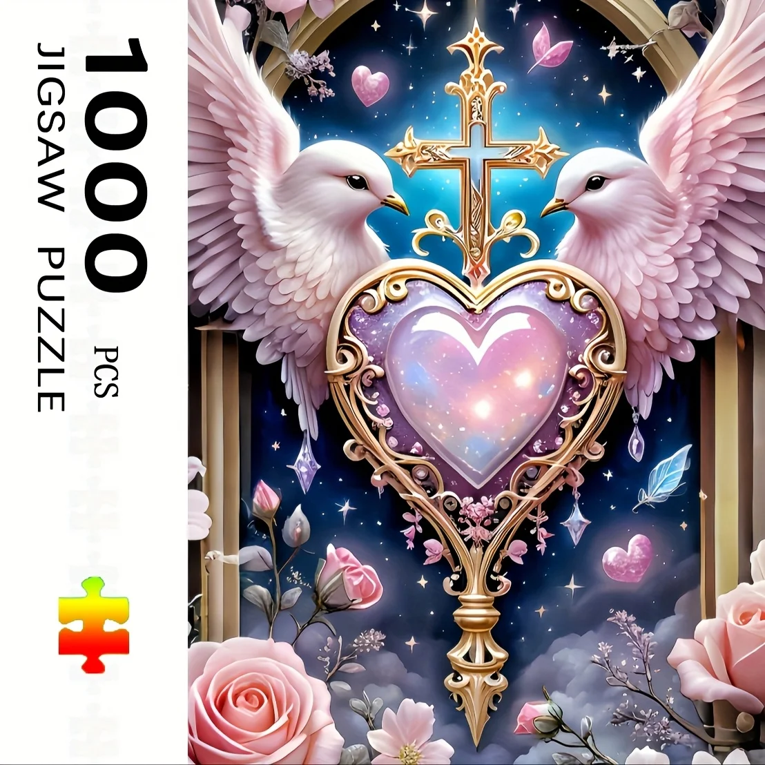 

Пазл с голубем мира для взрослых, 1000 шт., религиозное искусство с золотым крестом, сердцем, кристаллом и цветочным узором, семейная деятельность,