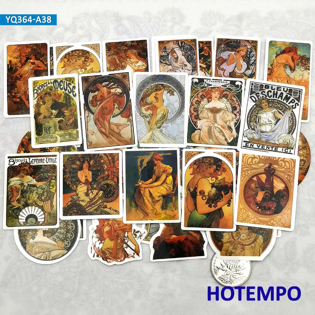 10/38개, 무차 스타일 스티커 세트, 아르누보 레트로 소녀 포스터 그래피티, 노트북 자동차 전화기 스크랩북용, 재미있는 스티커 팩