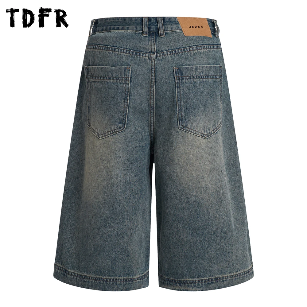 Double Knee Short Jeans Mens Summer Retro Casual Washed Distressed Straight Baggy Wide Leg Denim Calf-length Pants Man