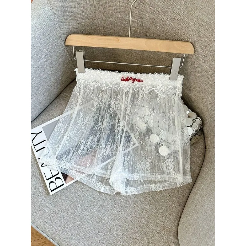 Women Casual Lace Base Shorts Hollow Floral Embroidery Elastic Waist Layering Sheer Bottoming Short Pants