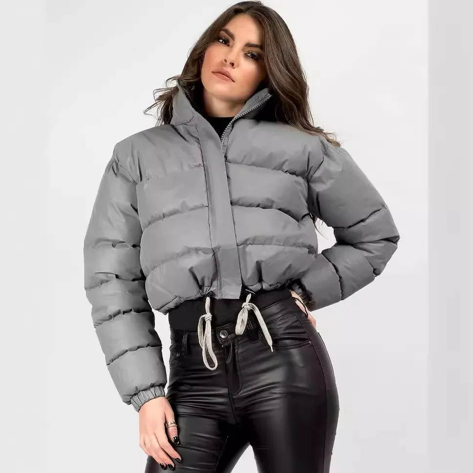 Mulheres gola Stand zíper manga cheia casaco curto, elegante casaco de emenda, grosso, quente, monocromático, parkas com cordão, outono, inverno