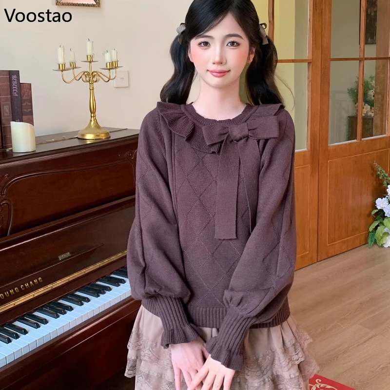 เสื้อไหมพรมสไตล์โลลิต้าหวานๆ แบบญี่ปุ่นสำหรับผู้หญิง แขนยาว แต่งระบายโบว์ คอโอ แขนยาว น่ารัก สไตล์ Y2k เสื้อถักสำหรับฤดูใบไม้ร่วงและฤดูหนาว