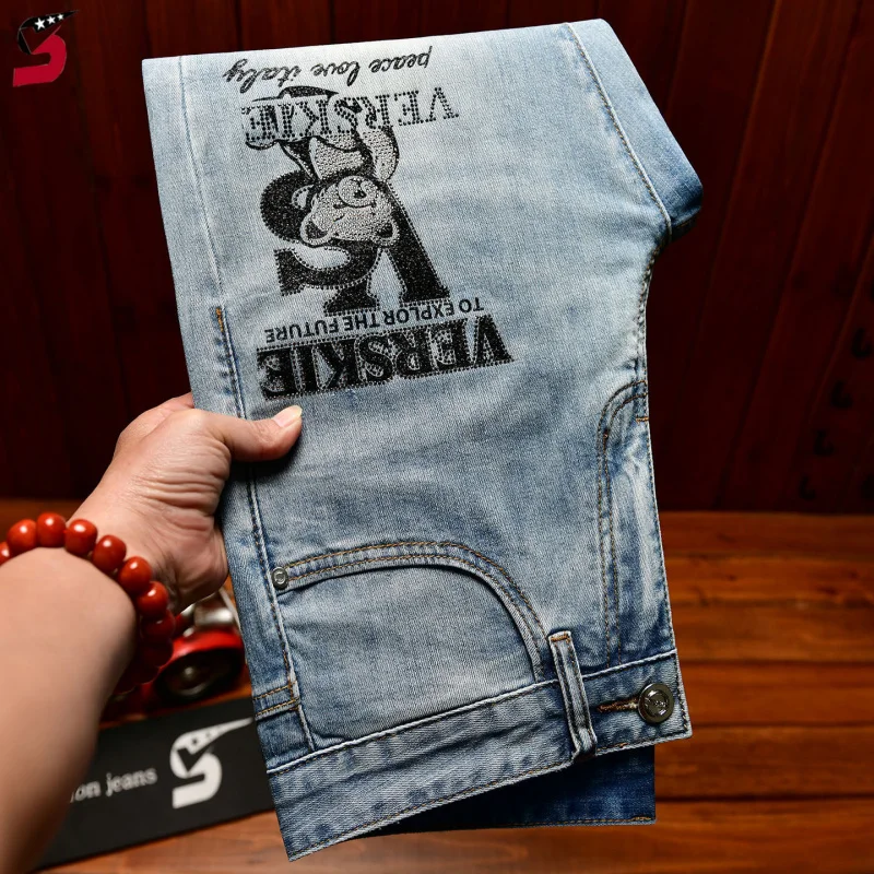 Mens Fashion Ripped Denim Jeans, American Style Slim Fit, Rhinestone Printed, Casual Luxury Streetwear Trousers