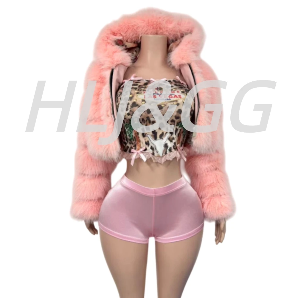 HLJ&GG Winter Neue Pelzmäntel Drei Stück Sets Frauen Langarm Crop Top + Figurbetontes Kleid + Shorts Outfits Mode Y2K Streetwear