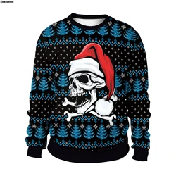 Men Women Santa Skull Xmas Sweatshirt 3D Christmas Tree Snowflakes Print Ugly Christmas Sweater Unisex Holiday Party Jumper Tops