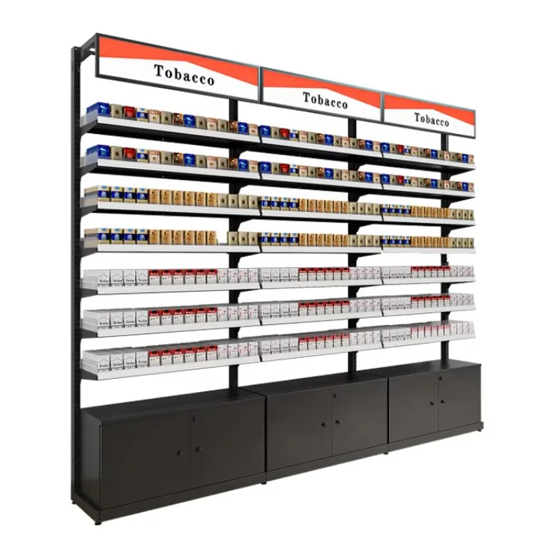 

Cigarette Display Stand Store Customized Metallic Smoke Shop Shelves Counter Furniture Cases with Led Light Rack Tobacco Cabinet