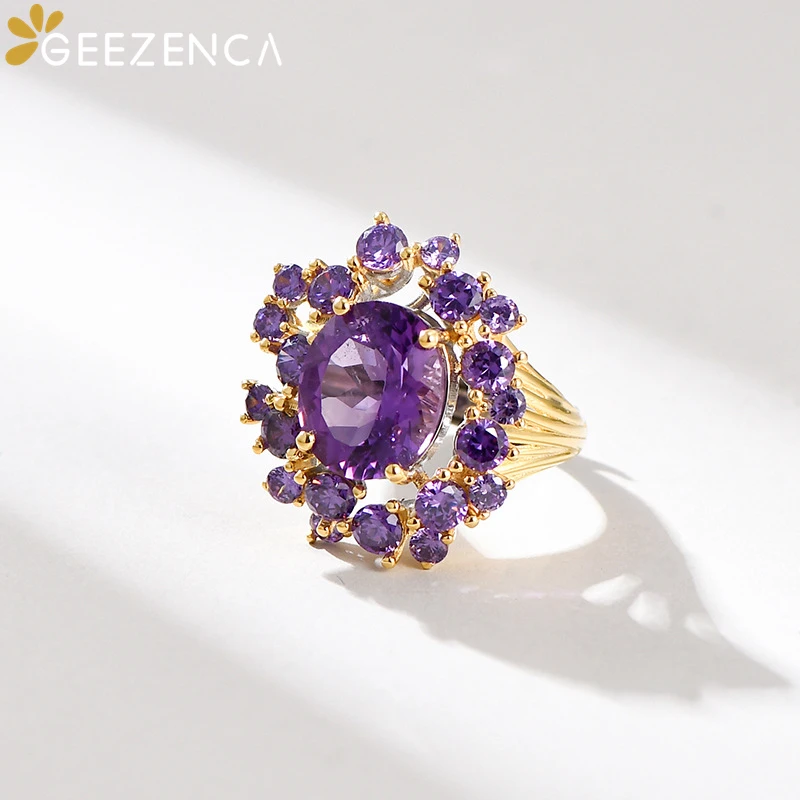 GEEZENCA Natural Amethyst 925 Sterling Silver Open Rings For Women Dichroic Plating Chic Flower Luxury Wider Ring 2023 New Gift