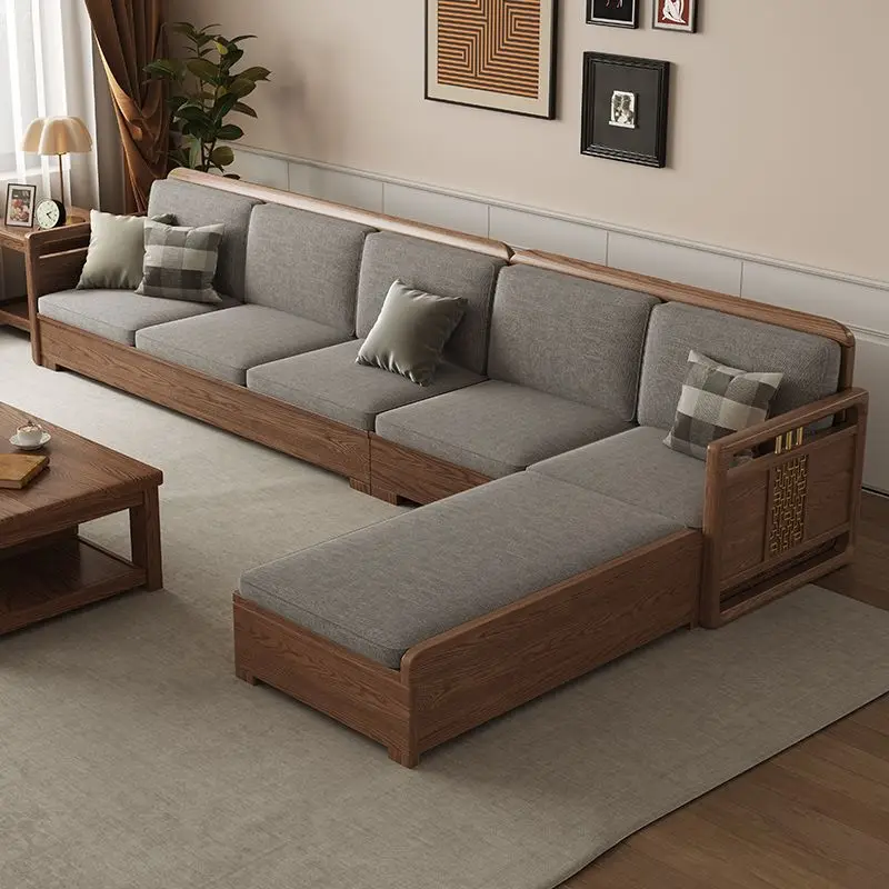 Modern simple ash wood solid wood sofa combination living room size apartment high box storage four-person fabric sofa