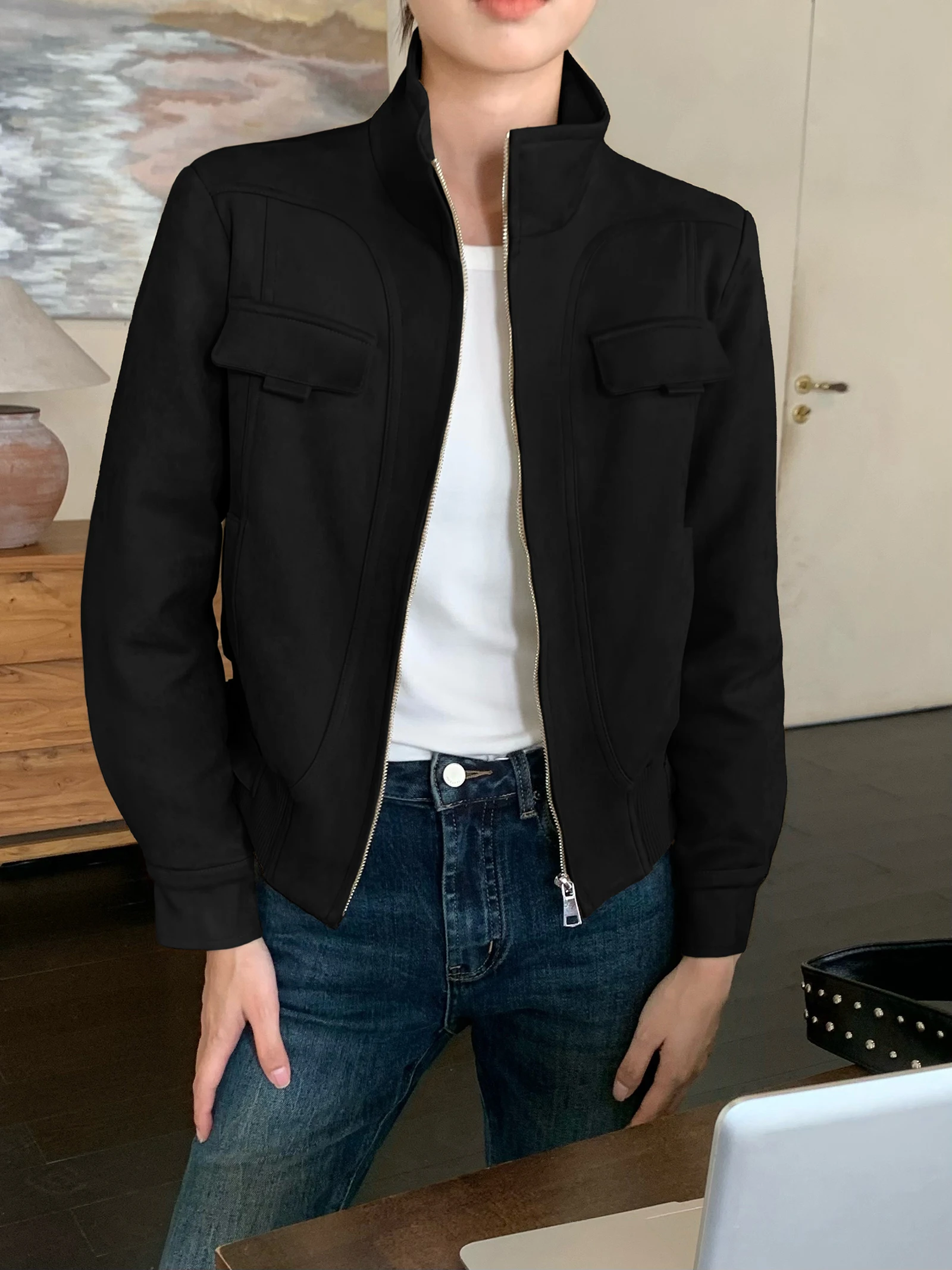 

Winter 2025 Women's Punk Sle Suede Jaet ort White Du down Biker Coat Warm Fce Lined Zipper Closure Color