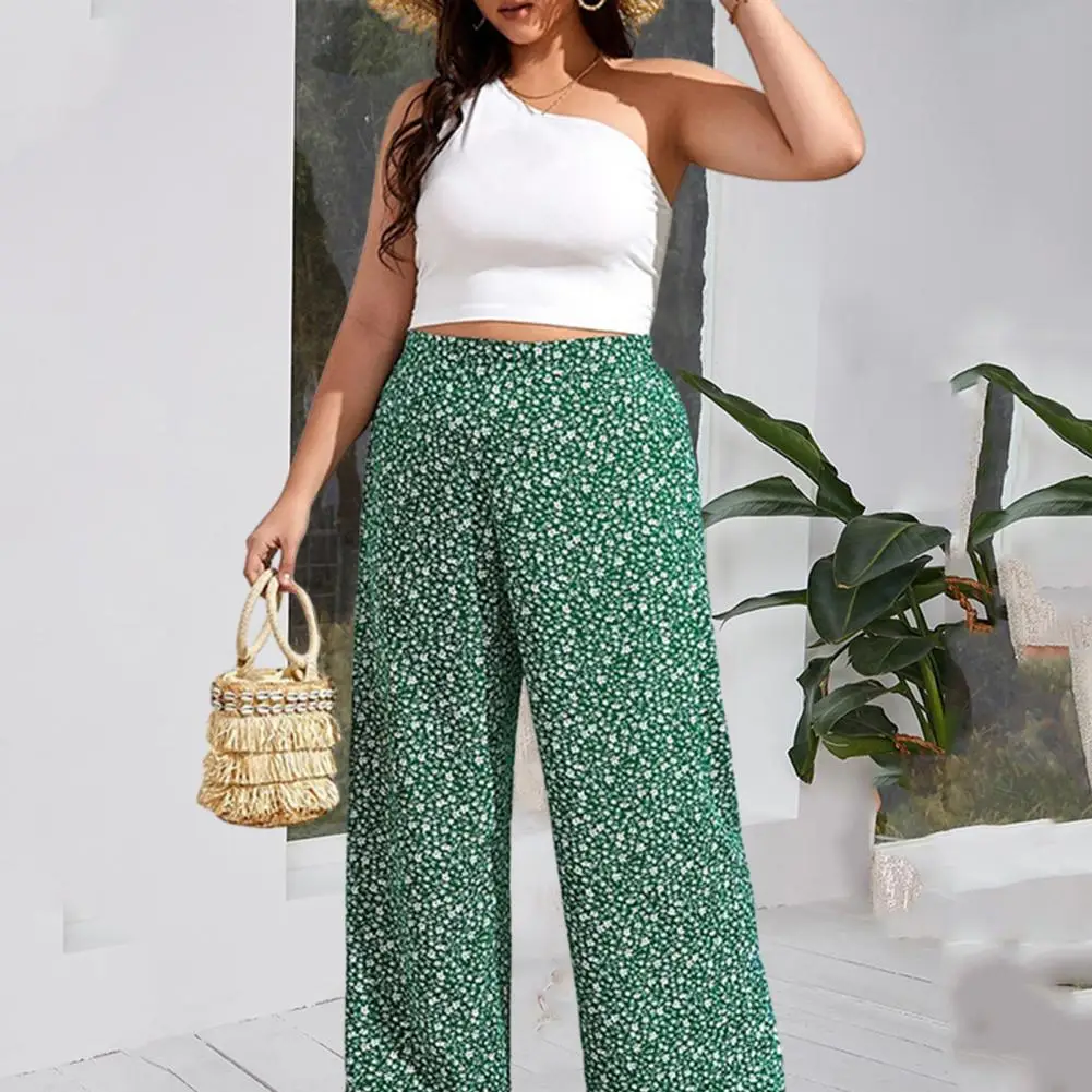 Plus Size Women Pants Elastic Waist Wide Leg Flower Print High Waist Polyester Loose Casual Women Long Trousers Streetwear