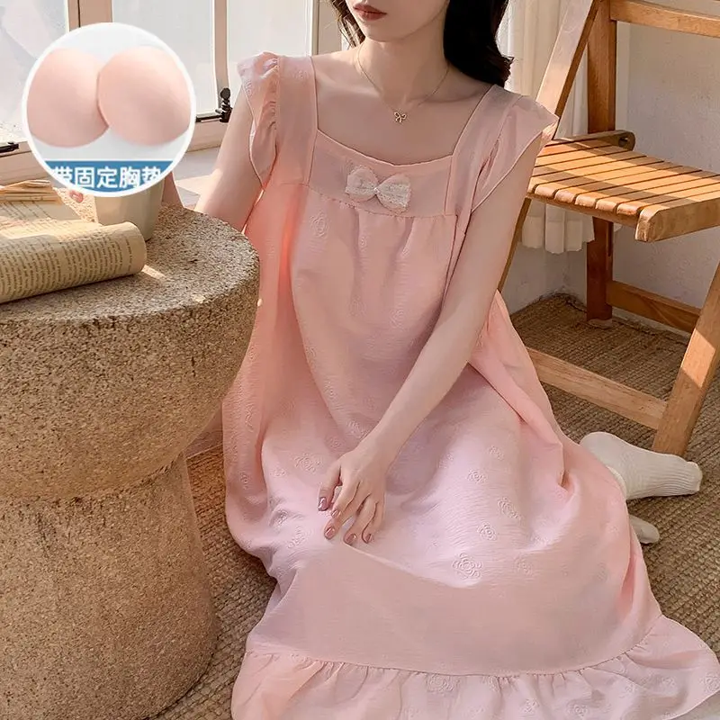 

M-2XL Cloud Cotton Pajamas Women Chest Pad Nightdress Korean Solid Sweet Bow Suspender Sleepdress Comfortable Loose Home Lounge
