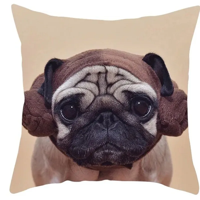 Cute Pug Puppy Dog With Fashion Accessories Pattern Cushion Cover For Sofa Bedroom Car Pillow Cover