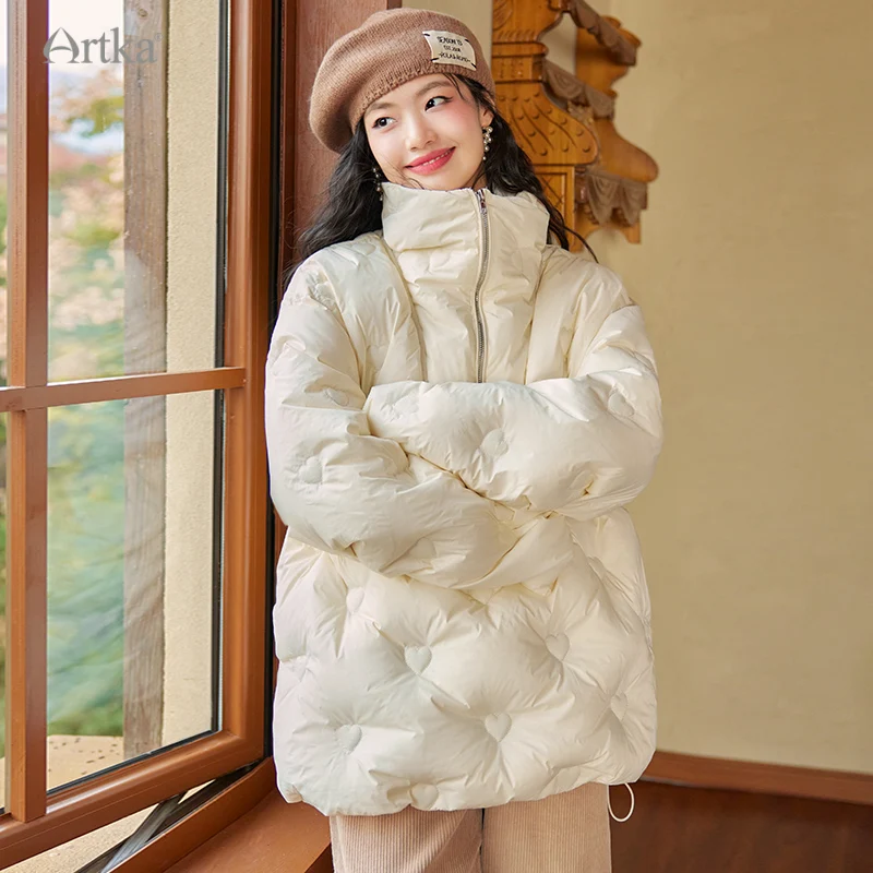 

ARTKA 2023 Winter New Women Down Jacket Fashion Casual Stand Collar 80% White Duck Down Coat Loose Warm Down Jackets DK92133D