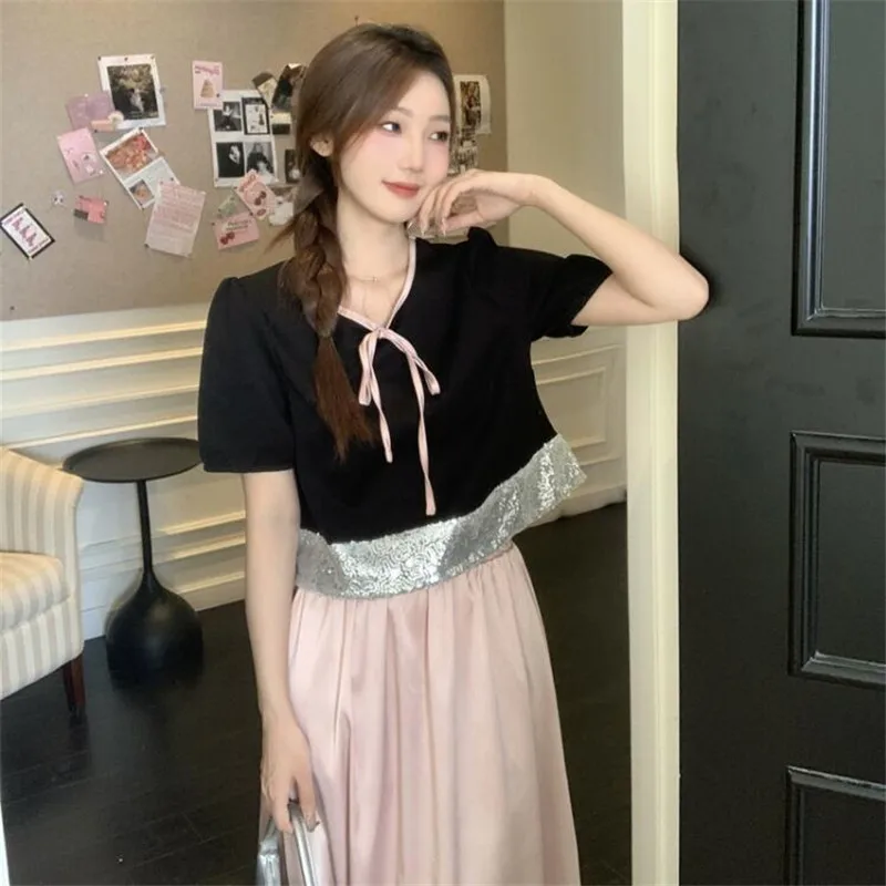 

French Summer Fashion 2 Pieces Dress Suits Black Pink Matching Short Sleeve Shirt+High-waist A Line Midi Skirt Chic 2pc Sets