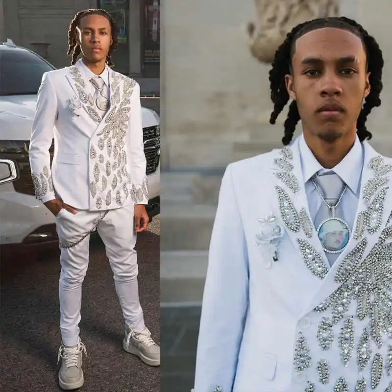 

Luxury Beaded Wedding Tuxedos 2 Piece Set Jacket Pants Single Breasted Men Suits White Crystal Groom Wear Party Suit Customized