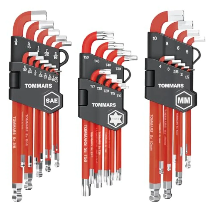 

Набор из 31 укороченного шестигранных ключей с шаровым наконечником: SAE 0.05"-3/8" (1.5-10 мм) и TORX (T10-T50)