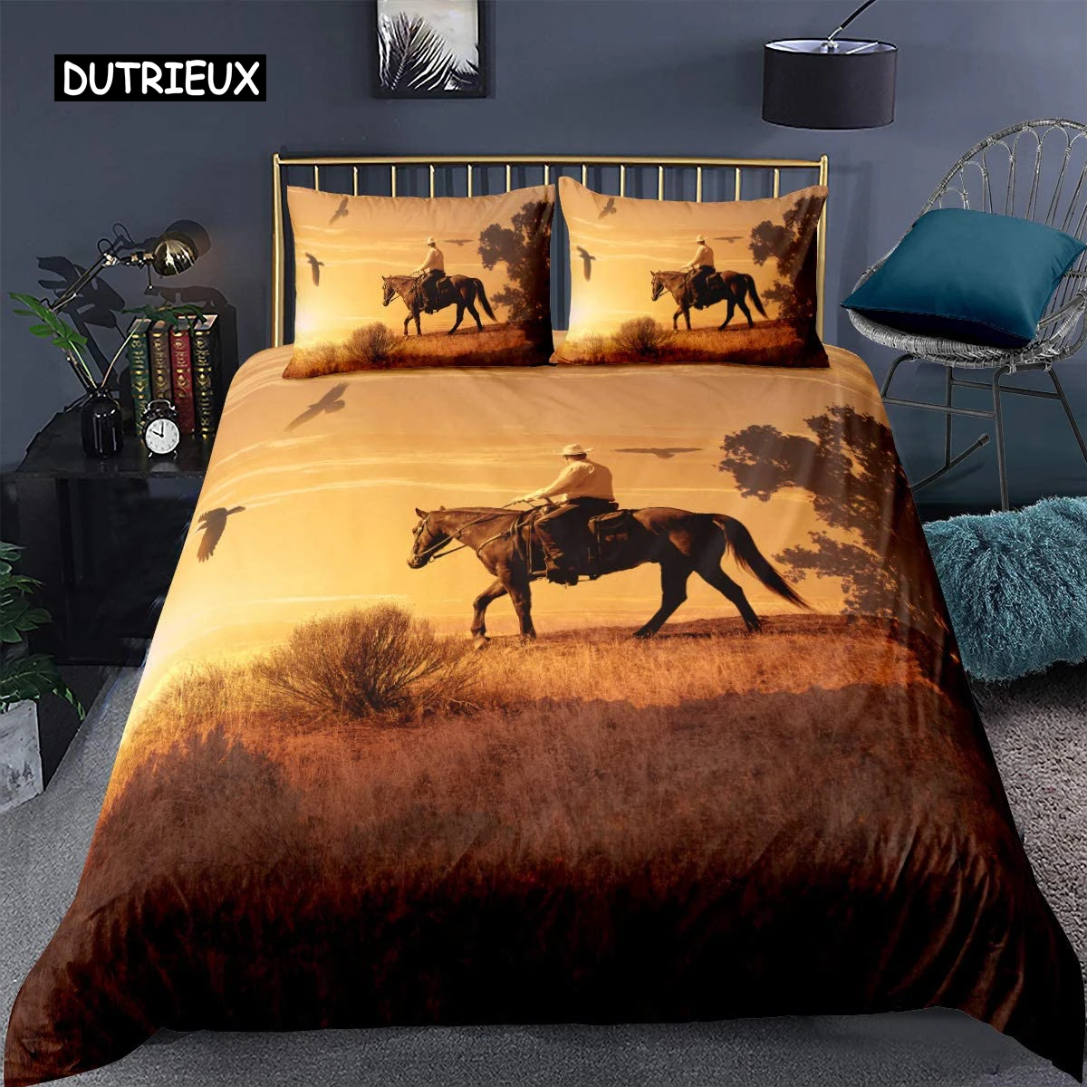 

Horse Duvet Cover Animal Bedding Set for Kids Teens Western Cowboy Sunset Scenery Double Queen King Size Polyester Qulit Cover