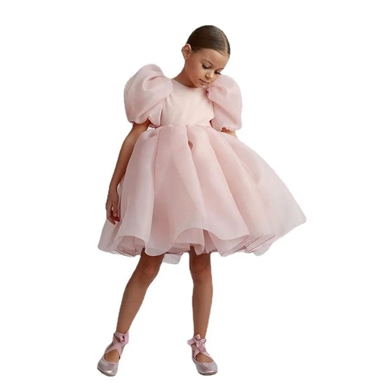 

2026 Summer Party Dress Girl Clothes Short Puff Sleeves Round Collar Black Pink Red Dresses Wedding Formal Birthday Dress