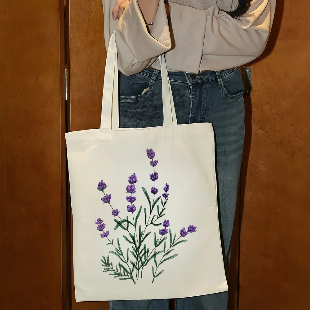 

1 x Women's Lavender Floral Canvas Tote Bag - Unique design, perfect for shopping and daily use, reusable grocery gift choice