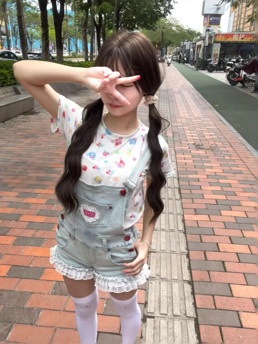Monos vaqueros bonitos Y2K, plones cortos atrevidos de estilo japonés, traje dulce para hija, plones cortos de dop...