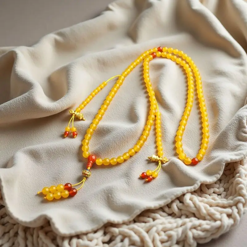 Bead , Green Chalcedony Sweater Chain, Red Agate Necklace, 108 Buddha Beads, Chinese Style Design, Holiday