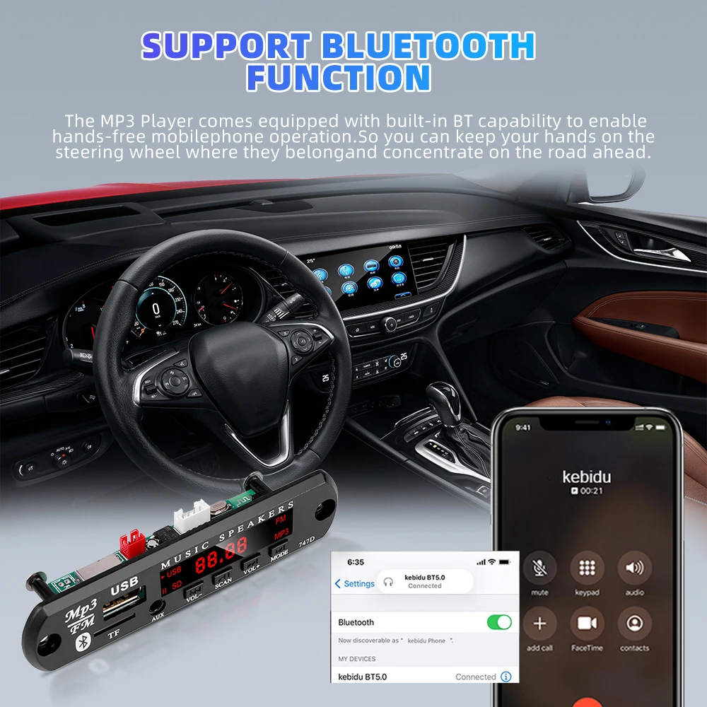 kebidu USB MP3 Player Decoder Board TF Radio FM AUX Wireless Bluetooth Module 9V -12V WMA MP3 Audio 3.5mm For Car for iPhone