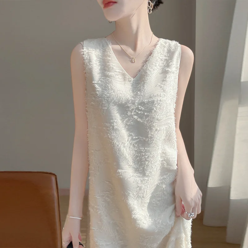 Heavy Industry Acetate Satin V-Neck For Women, Thin Cut  Over-The-Knee Long  High Waist Draped A-Line