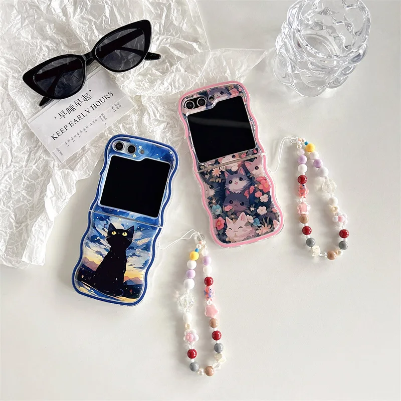

Wave Flower Bed Cat for Samsung Galaxy Z Flip 7 6 5 4 Protective Back Cover for ZFlip5 ZFlip6 ZFlip7 Case Shell