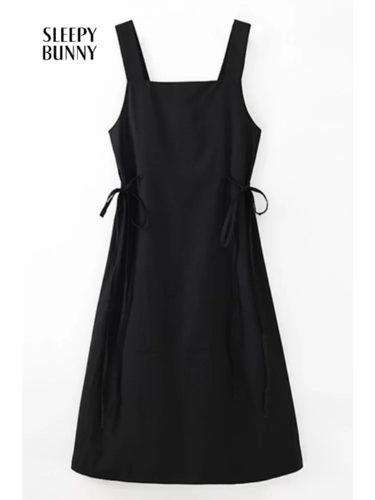 

Black Spaghetti Strap Dress Women Petite Summer Long Slim Fit Sleeveless Tie Waist Sundress Korean Style Elegant Casual Outfit