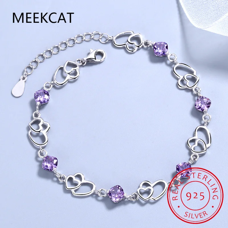 

Браслет в форме сердца из стерлингового серебра 925 пробы с натуральным аметистом для женщин, фиолетовый драгоценный камень, эффектные ювелирные изделия Pulseiras De Prata