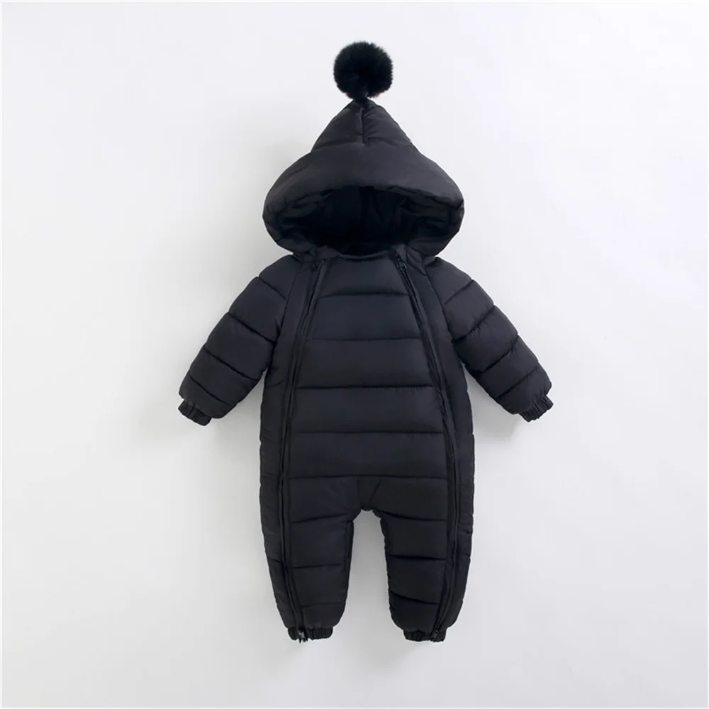 Newborn Baby Winter Jumpsuit Solid Long Sleeves Hooded Snowsuits Overalls Double Zipper Warm Toddler Romper Infant Clothes