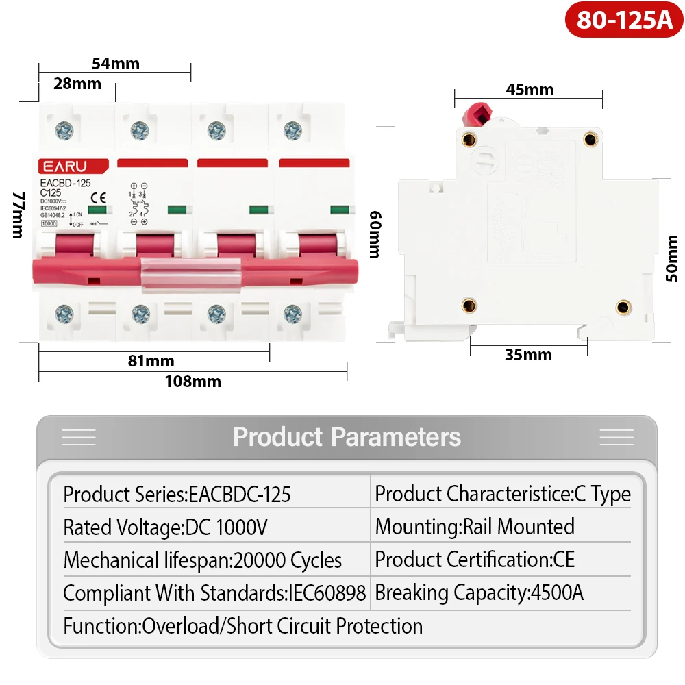 DC 1000V 1P 2P 3P 4P Solar Mini Circuit Breaker Overload Protection Switch6A~63A/80A 100A 125A MCB for Photovoltaic PV System