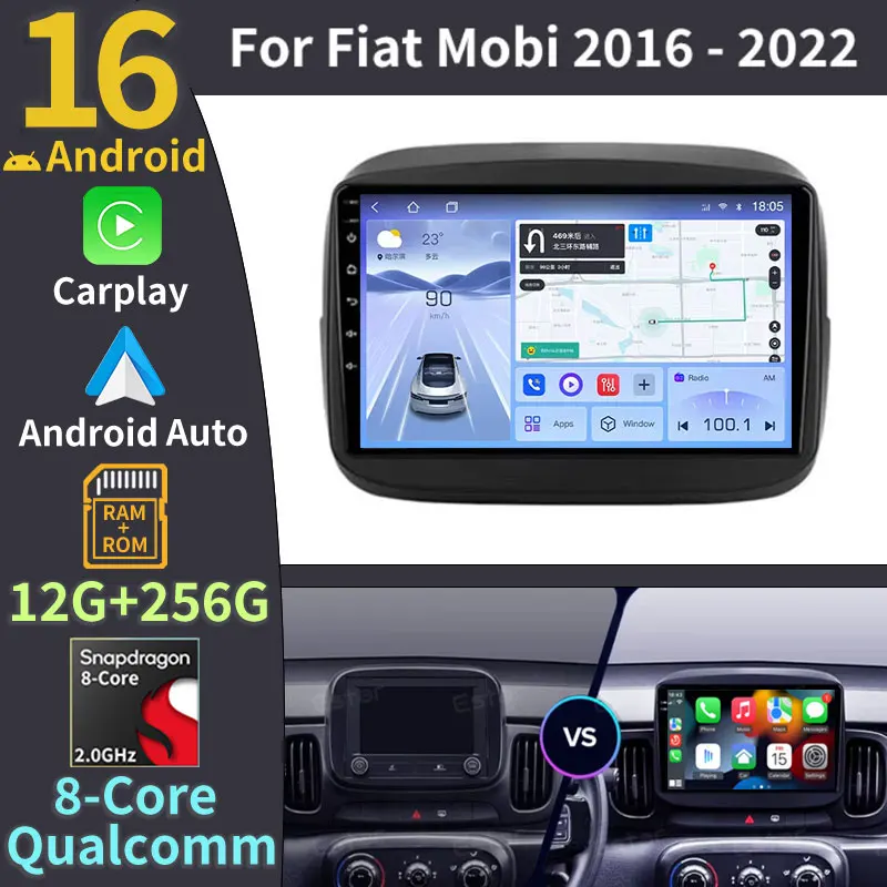 Radio para Auto Android 16 QLED para Fiat Mobi 2016 2017 2018 2019-2022 Reproductor Multimedia de Video GPS Navegación Estéreo Carplay 4G WIFI