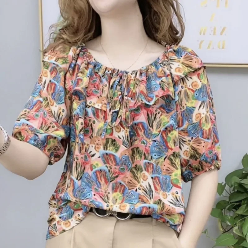 Summer Women\'s Commuter Pleated Chiffon Shirt Bow Tie Short Sleeve Fashion Casual Printing Blouse Pullover Tee Shirt Tops