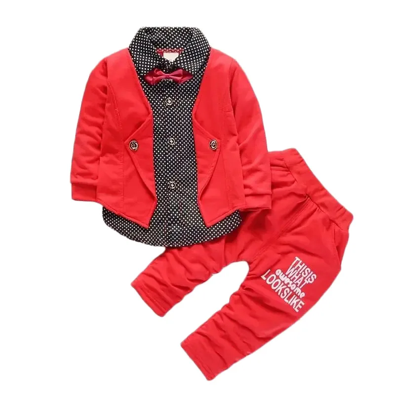 Spring and Autumn New Boys\' Dot Colored Bow Knot Long Sleeve Pants Gentleman Two Piece Wedding Flower Children Polo Set for 1-5Y