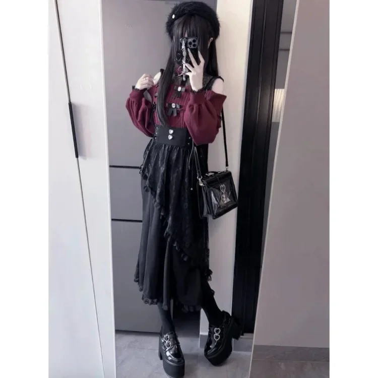 Harajuku Kawaii Lolita Kant Vissenstaart Rokken Y2k Slanke Taille Zwarte Rok voor Vrouwen Herfst Subculturele Mid-lengte Faldas mujer