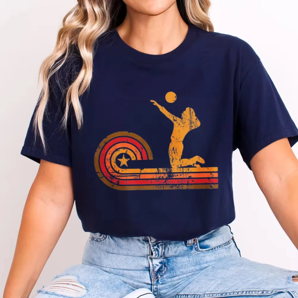 Fashion Volleyball Shirt Retro Style Volleyball Player Silhouette Sports T-Shirt Sport Athletic Vintage Sunset Short Sleeve Tee
