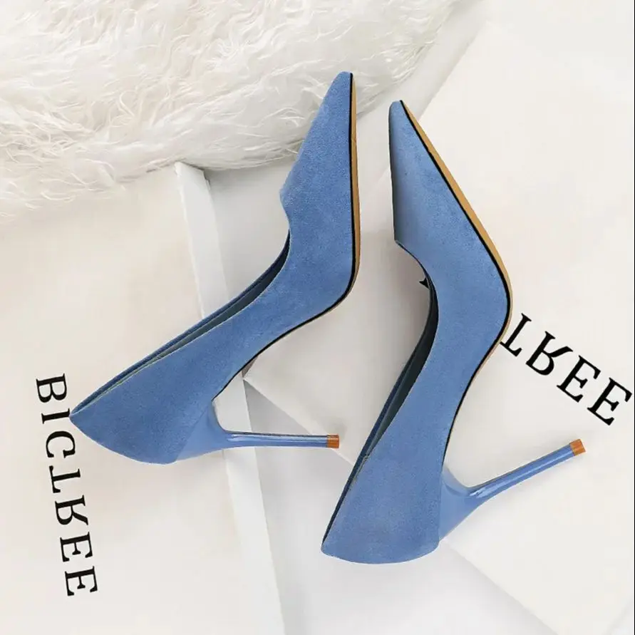 

BIGTREE New Women Pump 9cm High Thin Heel Pointed Toe Solid Shallow Fashion Sexy Ladies Women Shoes Khaki Female High Heel Pumps