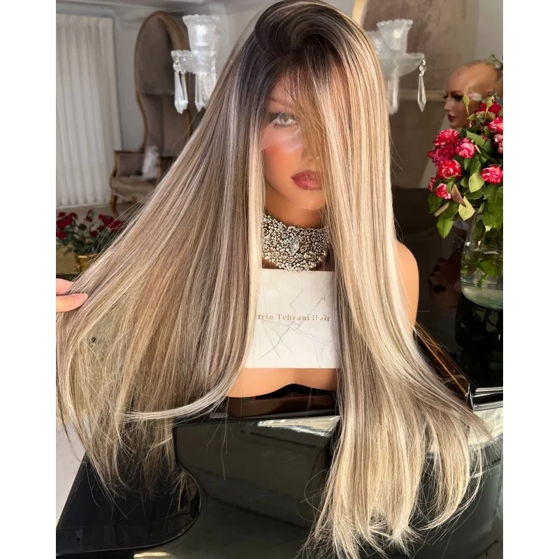 

Silky Straight Blonde Mixed Brown With Dark Roots Pre Plucked 28Inch for Women Cosplay Wig Synthetic Futura Fibre Wigs