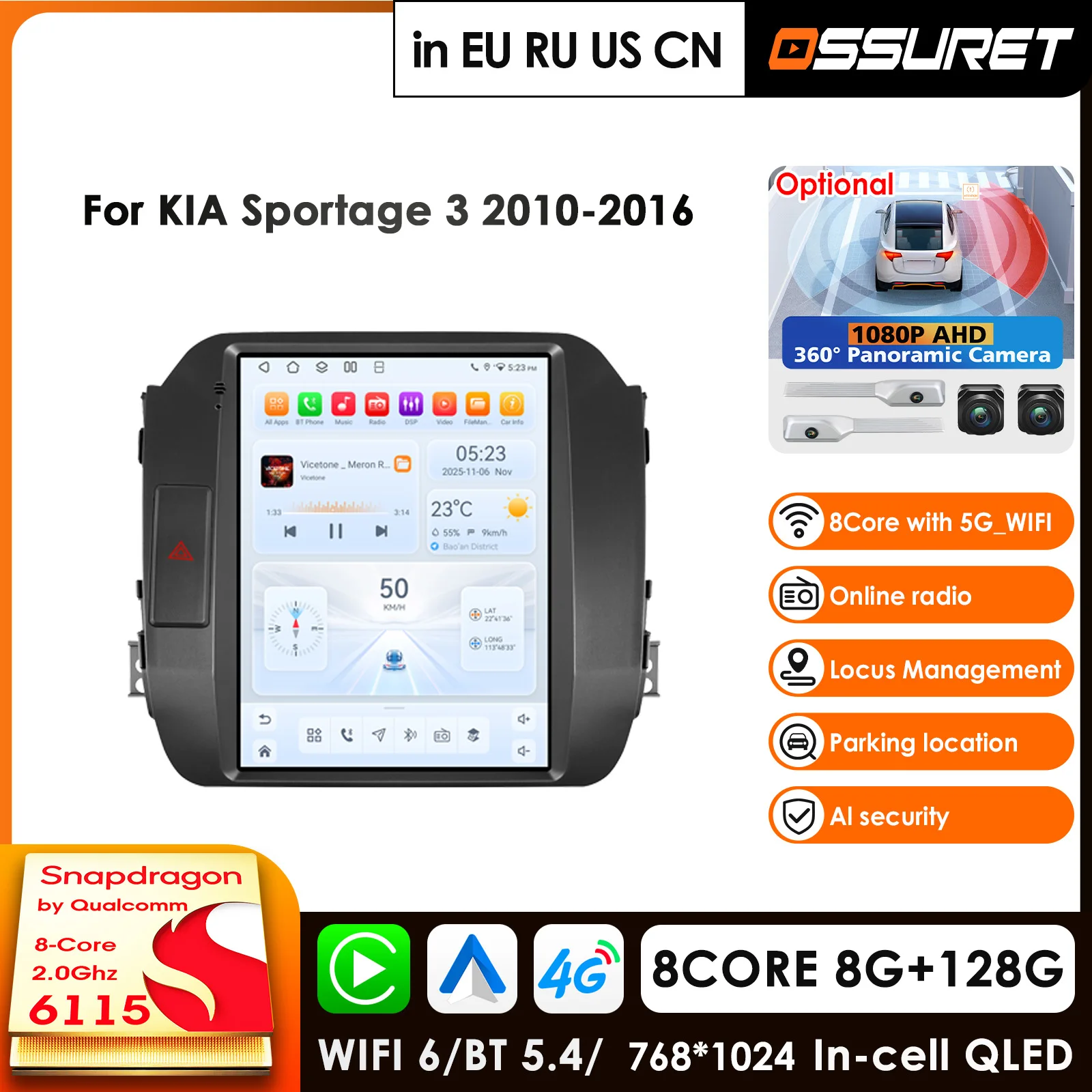 For 9.7 Style Qualcomm 8-Core Screen CarPlay Android Auto Car Radio For KIA Sportage 3 2010-2016 GPS Player Head Unit WIFI AI BT
