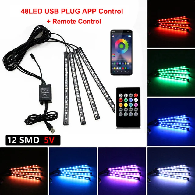 Neon LED interieur sfeerverlichting met draadloze APP-afstandsbediening, RGB auto-interieur stripverlichting, voetverlichting, achtergrondverlichting, decoratieve lampen
