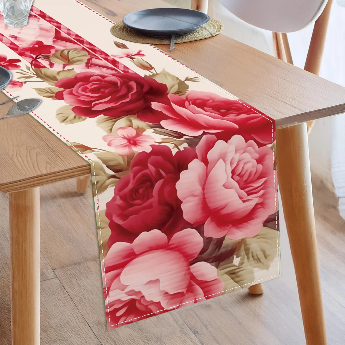 1 Piece of Romantic Table Runner with Rose and Heart Patterns, Suitable for Dinner Parties, Holiday Parties, Family Gatherings, Children's Activities, Themed Cafes, Home Decoration, Christmas Markets, Cozy Tea Parties