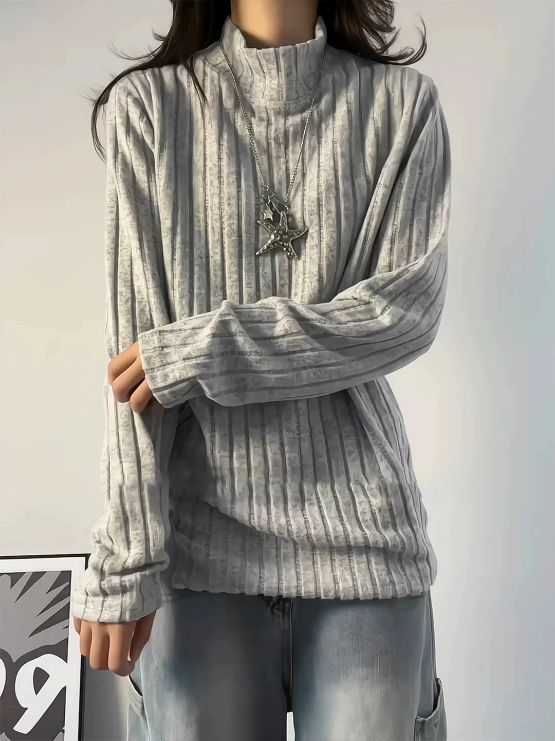 Gray 3D Stripe Long Sleeve Hoodie Loose Men's Base Layer Shirt Half High Collar Heavyweight Sweatshirt Fashion Urban Style