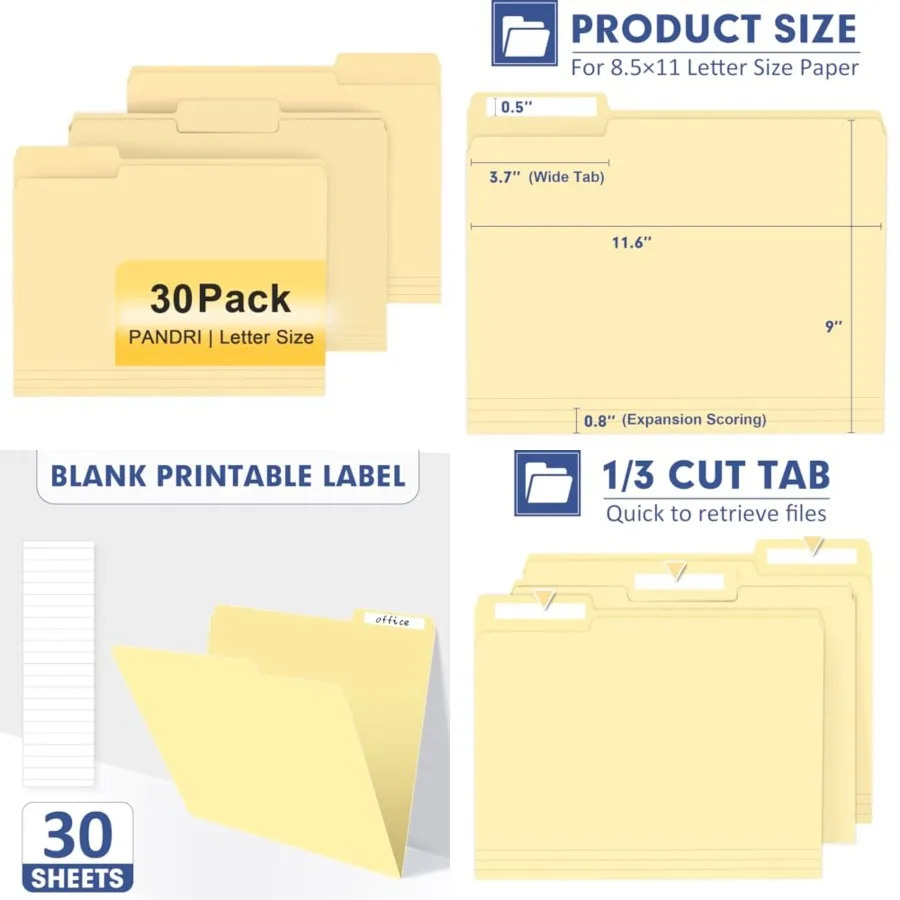 

Папка для файлов PANDRI, 30 упаковок, папка для файлов, 1/3 вырезанная вкладка, размер буквы, папка для хранения файлов для офиса, школы, бизнеса, Manila