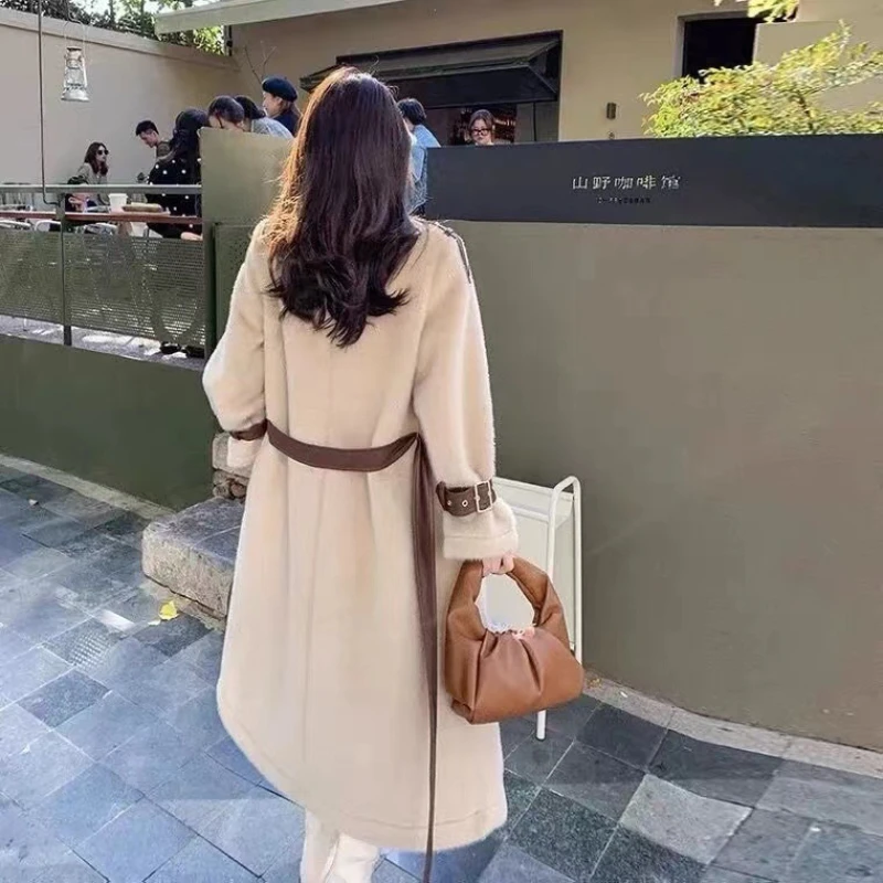 Double Faced ขนสัตว์ฤดูหนาวผู้หญิงเข็มขัด Faux Mink Fur Jacket Single Breasted Plush Coat ยาว Fluffy แจ็คเก็ตคุณภาพ