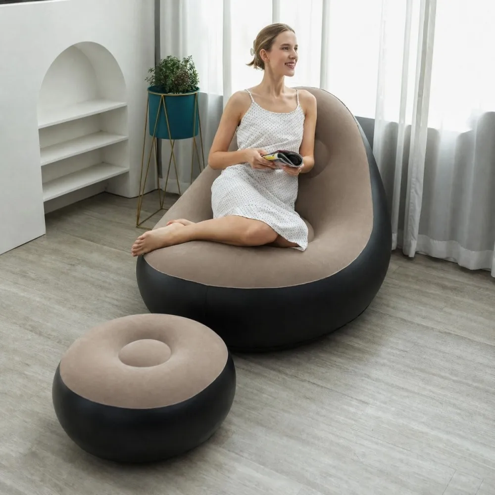 Inflatable Lazy Sofa + Footrest Set, Thickened Flocked Foldable Recliner, Portable Indoor/Outdoor Camping Lounge Chair for Home image 5