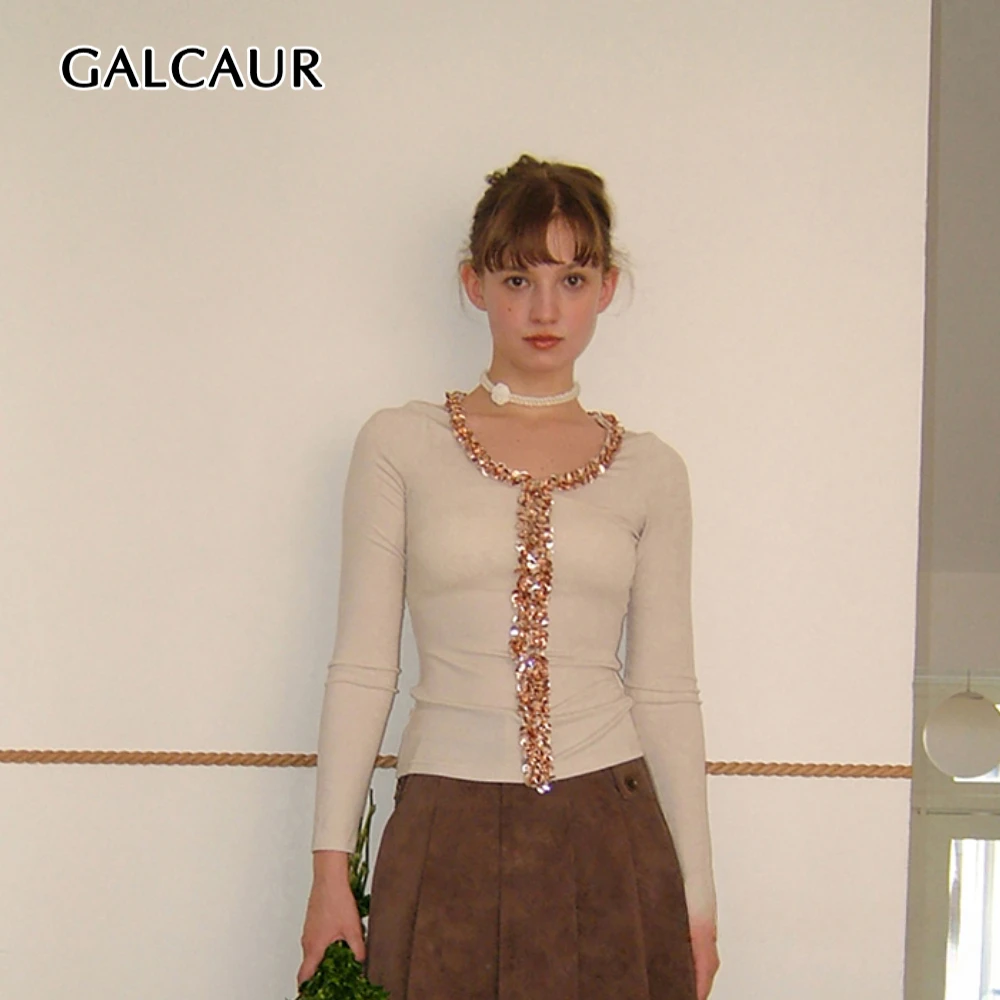 

GALCAUR Solid Minimalism T Shirts for Women V Neck Long Sleeve Patchwork Sequins Temperament Top Female Fashion Clothing Style