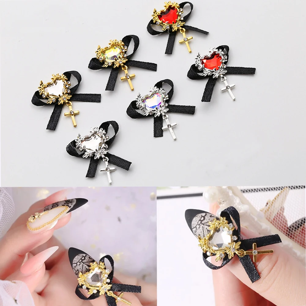 

5pcs Gothic Nail Charms Gold/Silver Alloy Crystal Bowknot With Cross Jewelry Nail Parts 3D Evil Loli Nail Art Goth Decors JE28#