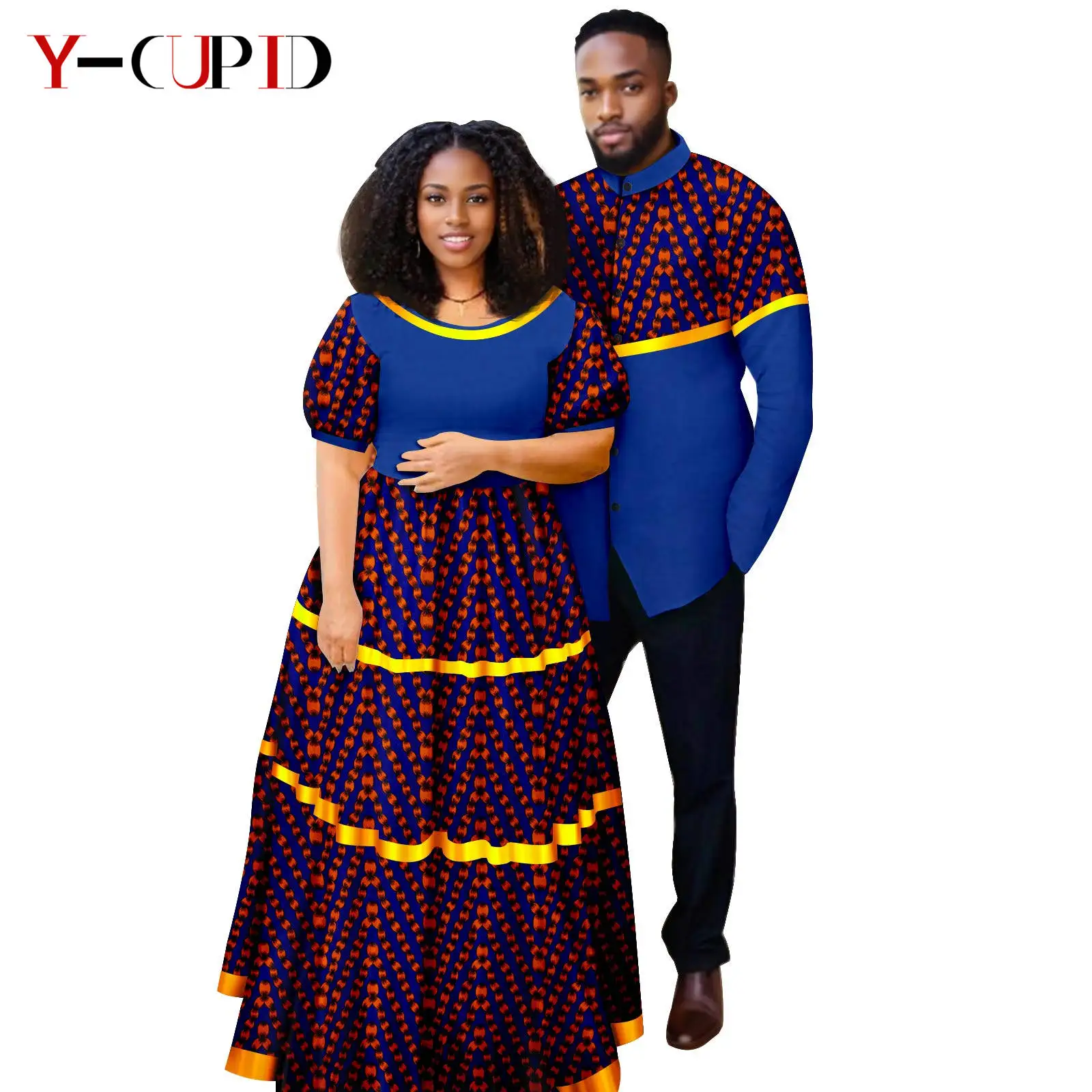 

African Bright Silk Print Long Dresses for Women Matching Couple Clothes Men Appliques Top and Pant Sets Dashiki Party 24C090