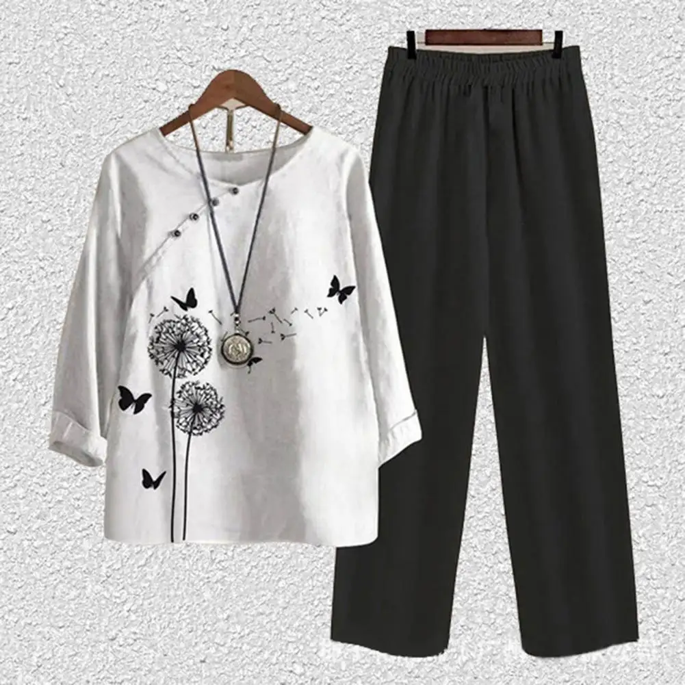 2 Pcs/Set Spring Summer Women Top Pants Set Leaf Print Mid-aged Women Half Sleeve T-shirt Wide Leg Elastic Waist Trousers Set